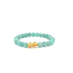 18K Gold Piyao Pixiu Dragon Lucky Charm Bracelet Gemstones Amazonite Peru 6mm